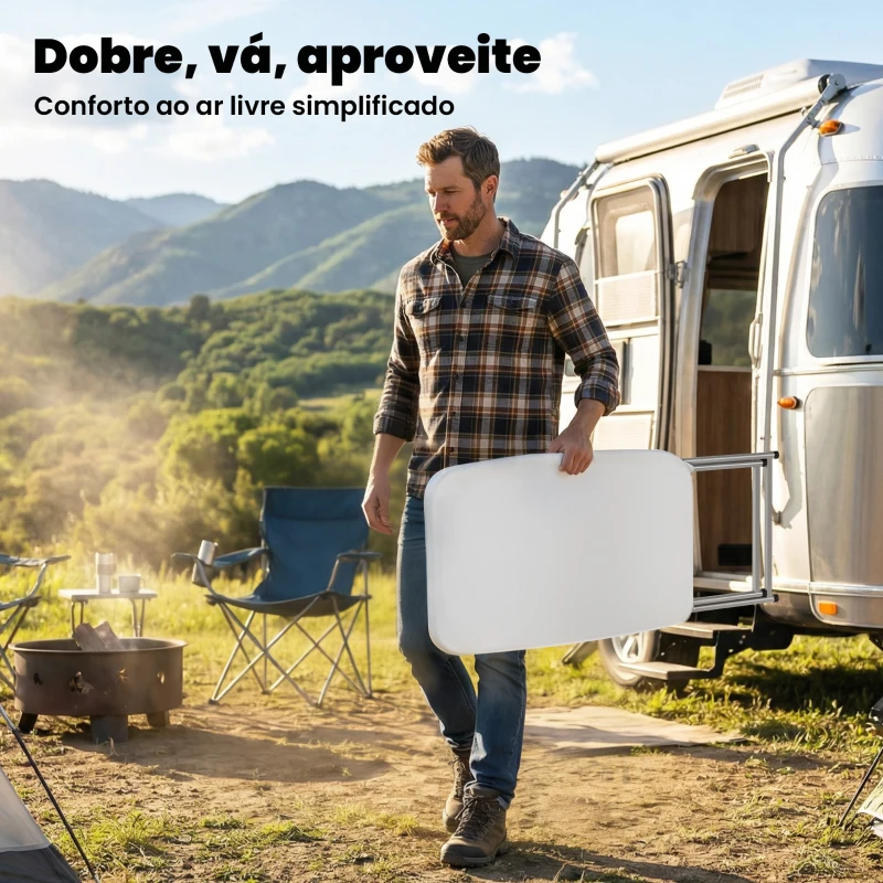 Outsunny Mesa Dobrável de Campismo 75x50x73,5 cm com Altura Ajustável em 5 Níveis com Bancada em HDPE e Estrutura Metálica Branco
