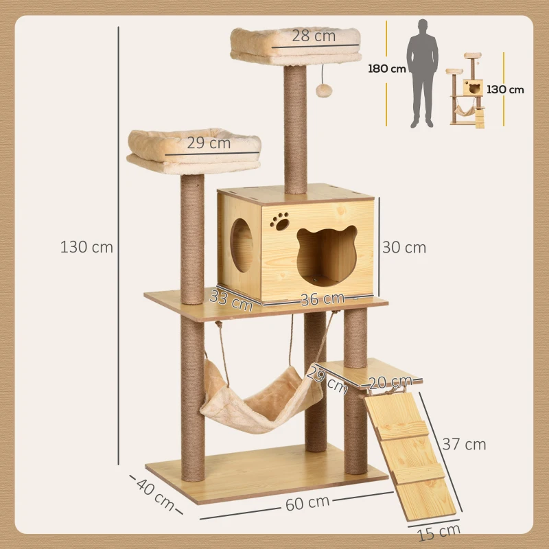 PawHut 130cm Cat Tree for Indoor Cats, Multi-Level Plush Cat Tower, with Five Scratching Posts, Two Perches, Cat House, Hammock