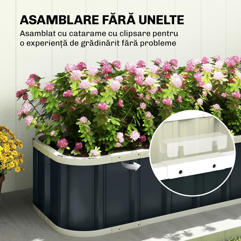 Outsunny Pat de Grădină Ridicat pentru Exterior cu Bază Deschisă, Mănuși, Margini Pliate, Jardinieră din Oțel Galvanizat, pentru Plante, Flori, Legume, Balcon Grădină, 136x52x31 cm, Gri Închis