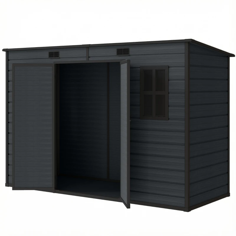Outsunny 10 x 4 ft Resin Garden Shed, Outdoor Storage Shed with Floor, Windows, Lockable Doors and Vents, Dark Grey