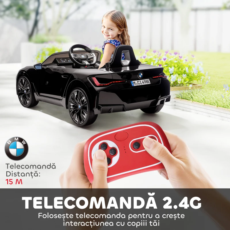 HOMCOM Mașină Electrică pentru Copii 3-6 Ani cu Licență BMW, cu Telecomandă, Claxon și Faruri, 115x67x45 cm, Neagră(m-5)