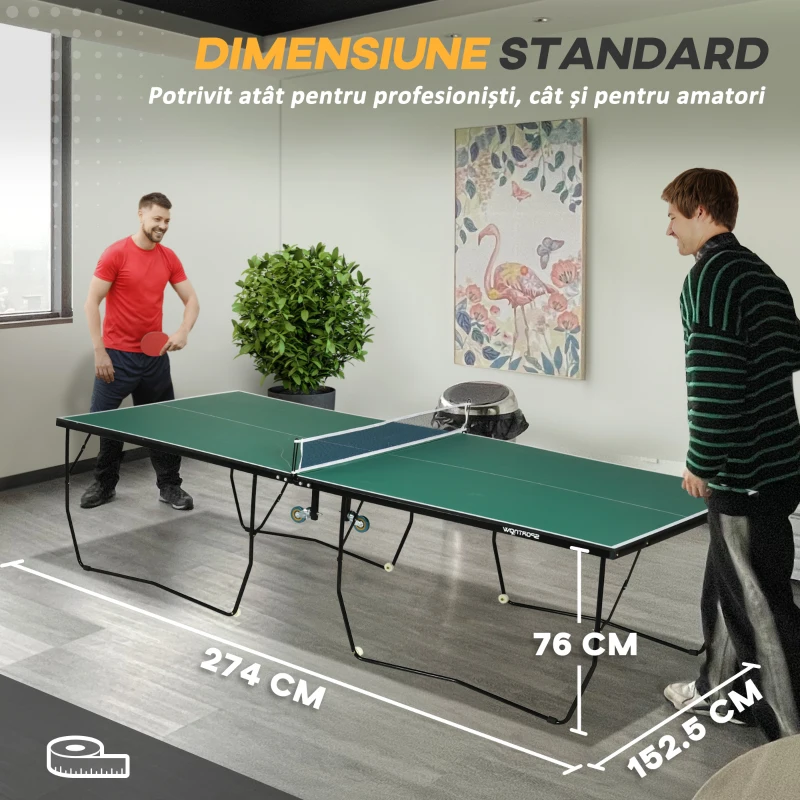 SPORTNOW Masă de Tenis Pliabilă 9FT, cu 8 Roți, pentru Utilizare în Interior, Verde