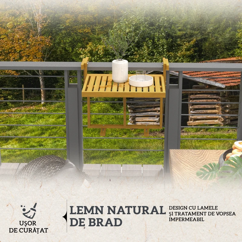 Outsunny Masă Suspendată de Exterior, Masă Reglabilă pentru Balustradă, Blat Suport cu Montare pe Perete, 68x65x40,5-55 cm, Tec