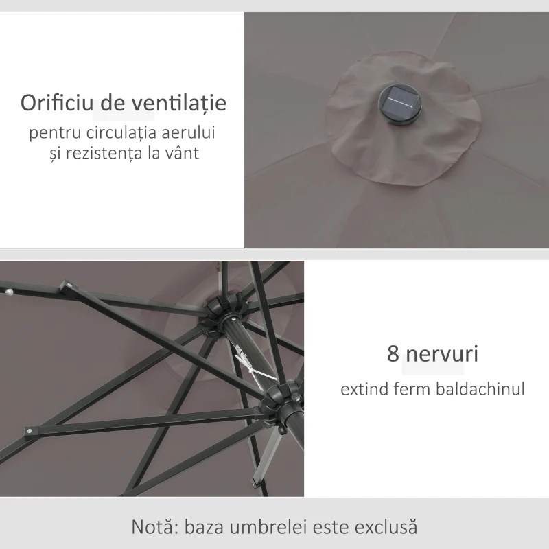 Outsunny Umbrelă de Grădină Reglabilă Ø265 cm cu 32 Lumini LED Solare și Manivelă, Umbrelă de Exterior cu 8 Bare de Sprijin, din Oțel, Poliester, pentru Terasă, Curte, Balcon, Gri