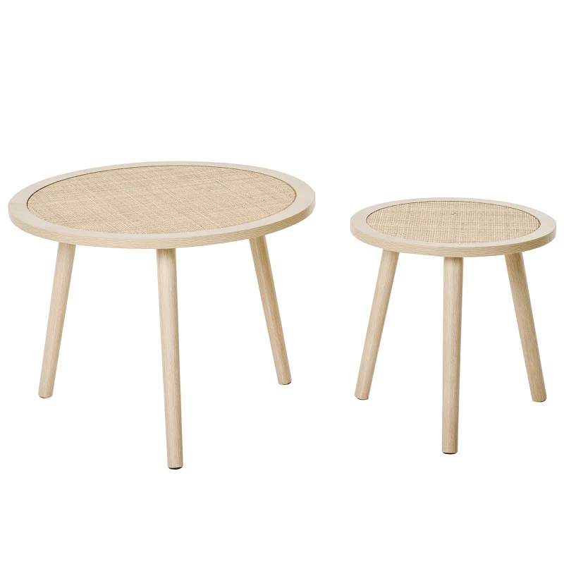 HOMCOM  2er Set Kaffeetisch Couchtisch mit Rattan-Tischplatte Stapeltisch Beistelltisch Kaffeetisch MDF Natur 40 x 40 x 40 cm/60 x 60 x 45 cm