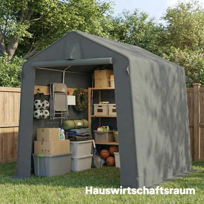 Outsunny Garagetent 2,3 x 1,9 m Waterdicht Opslagtunnel met Oprolbare Ritsdeur, Ventilatie, Zadeldak, Donkergrijs