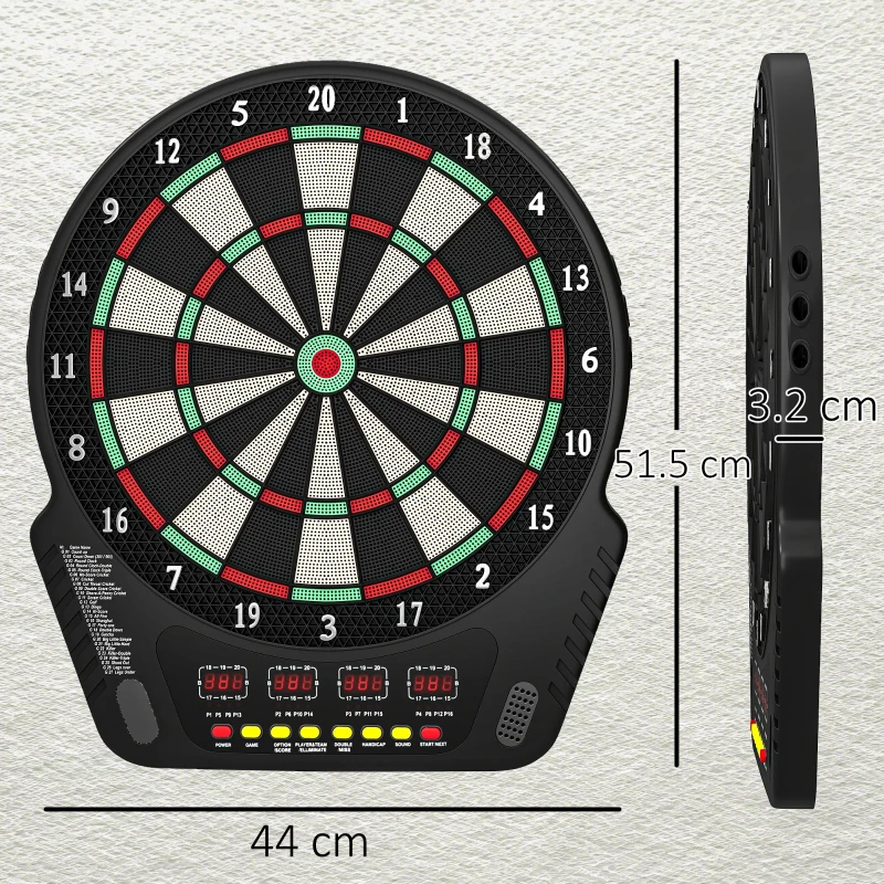 HOMCOM Țintă pentru Darts cu 6 Săgeți, Adaptor, 4 Afișaje LED și 27 de Jocuri, din ABS și PP, 44x51.5x3.2 cm, Negru