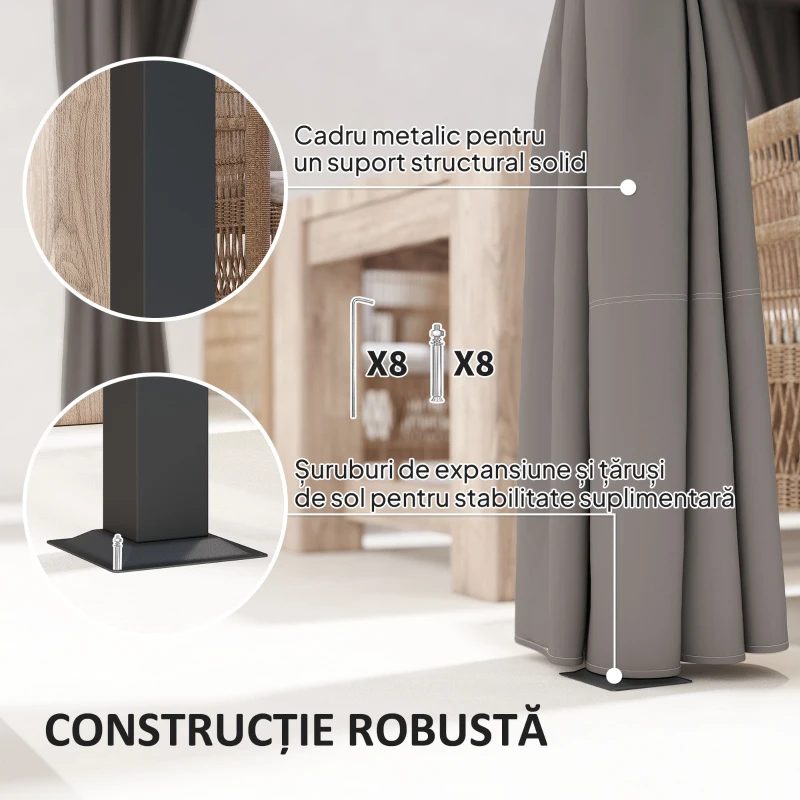 Outsunny Pergolă de Grădină cu Acoperiș Retractabil și Draperii, din Metal și Poliester, 300x300x227 cm, Gri Deschis