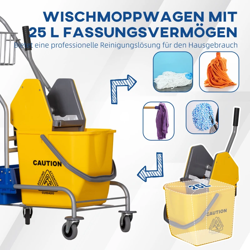 HOMCOM Reinigungswagen, Moppwagen, 25 L Fassungsvermögen, 4 Räder, Kunststoff, Gelb