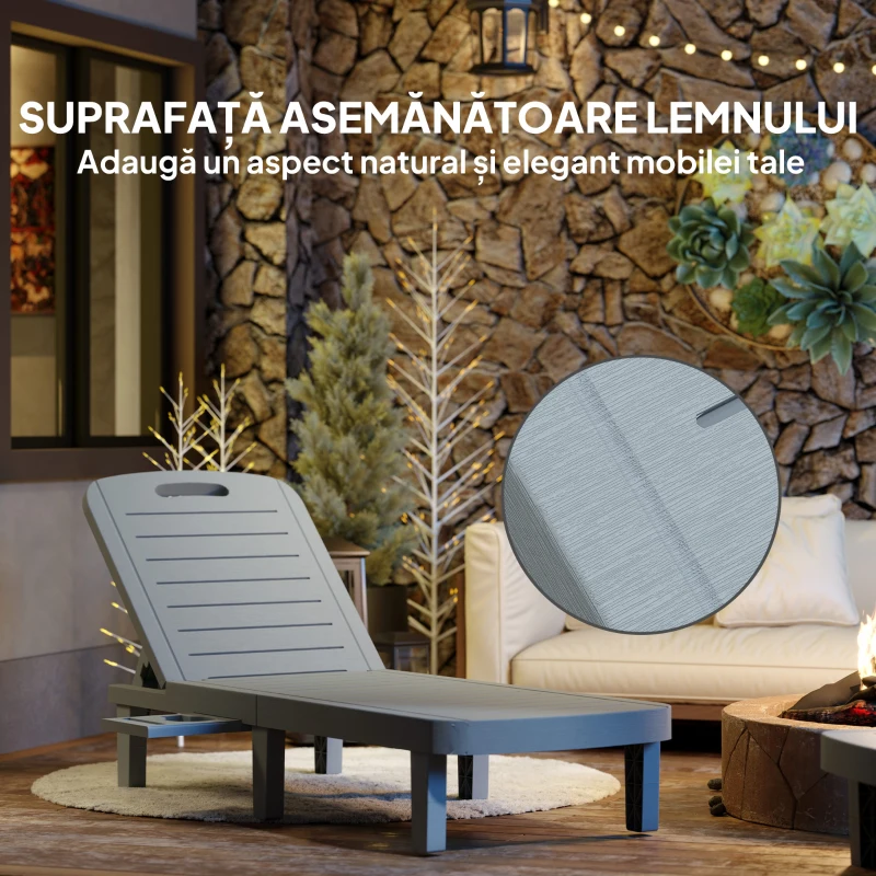 Outsunny Set de 2 șezlonguri, șezlonguri cu tăvi retractabile, înclinabile, suprafață efect lemn, 62 x 158 x 88 cm, gri