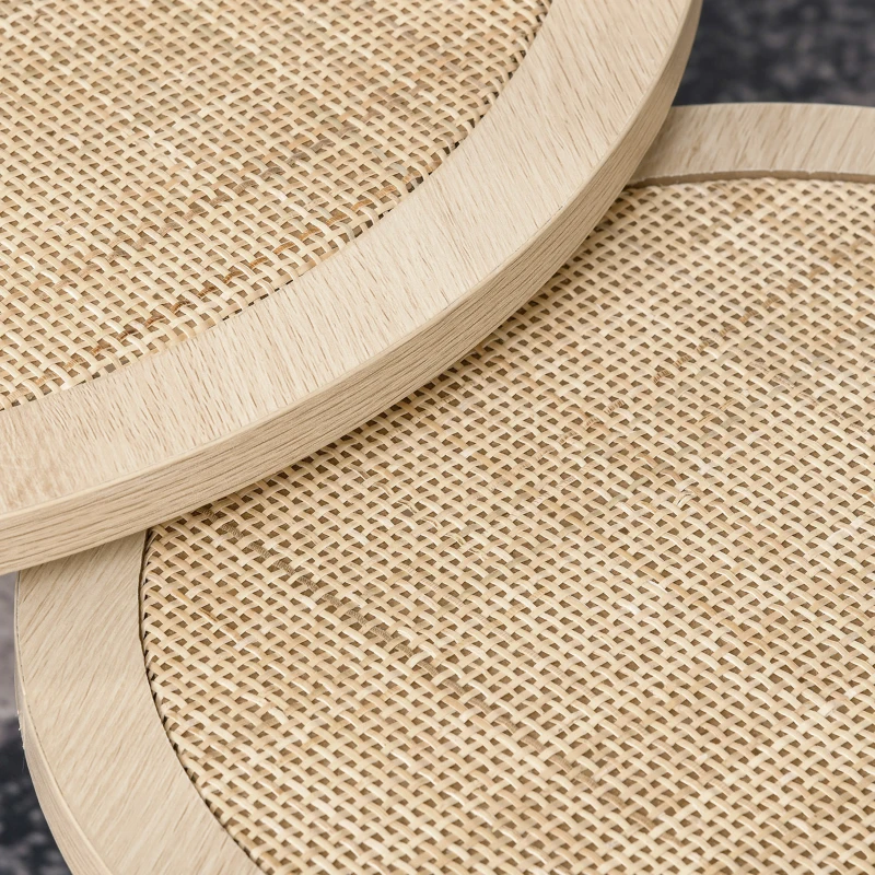 HOMCOM  2er Set Kaffeetisch Couchtisch mit Rattan-Tischplatte Stapeltisch Beistelltisch Kaffeetisch MDF Natur 40 x 40 x 40 cm/60 x 60 x 45 cm