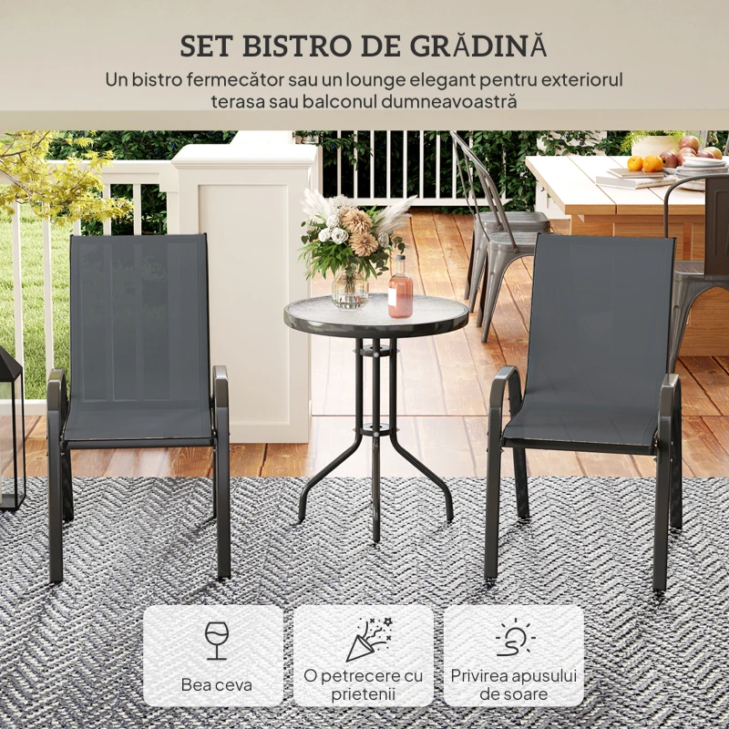 Outsunny Set Mobilier de Grădină din 3 Piese cu Scaune Suprapozabile și Masă din Sticlă, 54x71x93 cm, Gri Închis