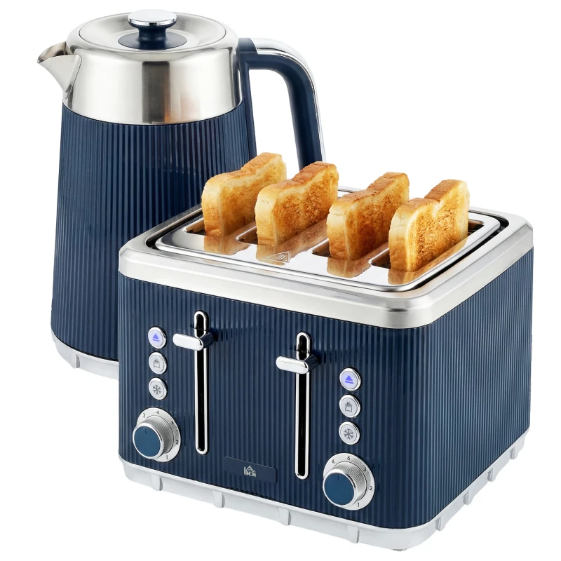 HOMCOM Electric Stainless Steel Kettle and Toaster Set, 3000W 1.7L UK Strix Thermostat Dark Blue