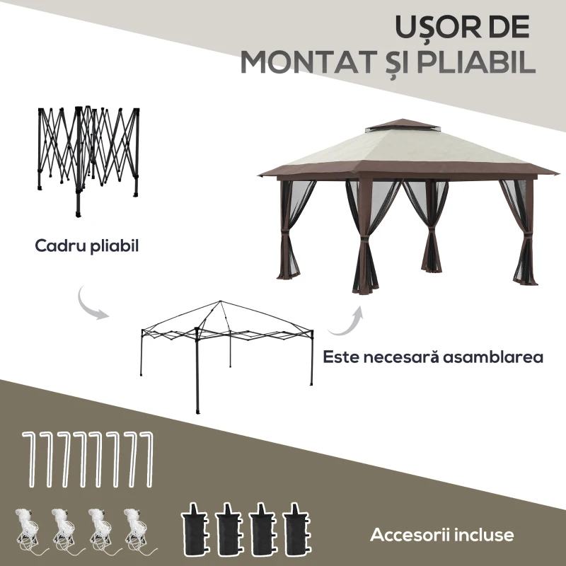 Pavilion Outsunny pliabil 4x4 m cu înălțime reglabilă, plasă de țânțari și geantă, din metal și material Oxford, bej
