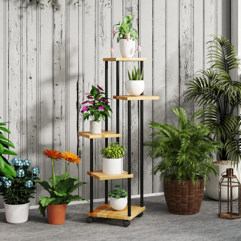 Outsunny Support à plantes à 5 niveaux pour intérieur et extérieur, étagère plante avec 4 roues  en acier et bois bois naturel
