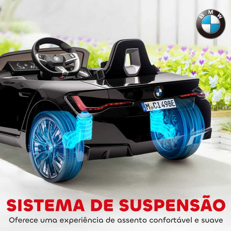 HOMCOM Carro Elétrico para Crianças BMW i4 12V com Controlo Remoto Música MP3 Ecrã Luzes e Cinto de Segurança 115x67x45 cm Preto