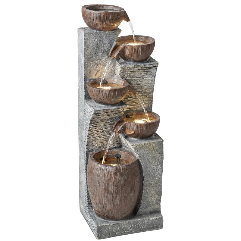 Outsunny Outdoor Fountain with 5-Tier, Garden Fountain with LED Lights, Adjustable Flow, Grey and Rustic Brown