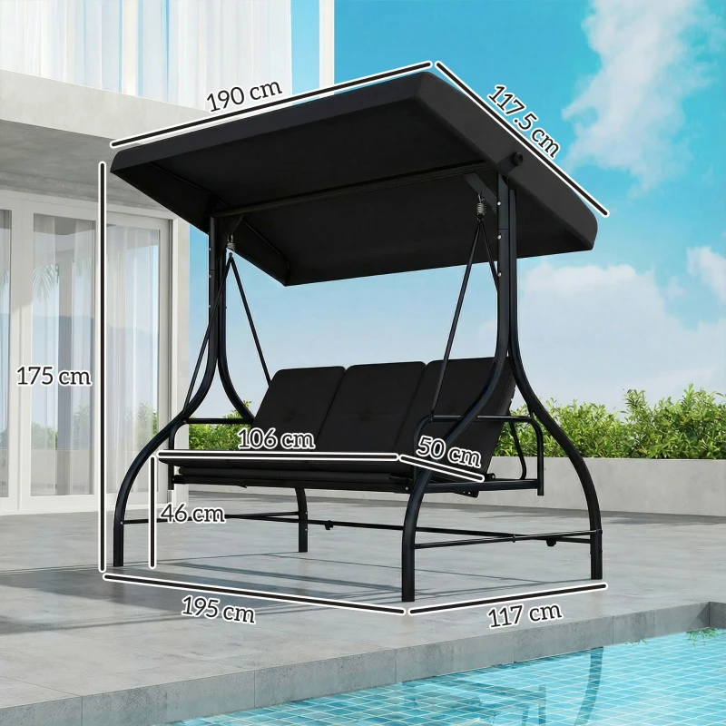 Outsunny 3 Seater Canopy Swing Chair, 2 in 1 Garden Swing Seat Bed, with Adjustable Canopy and Metal Frame, Black