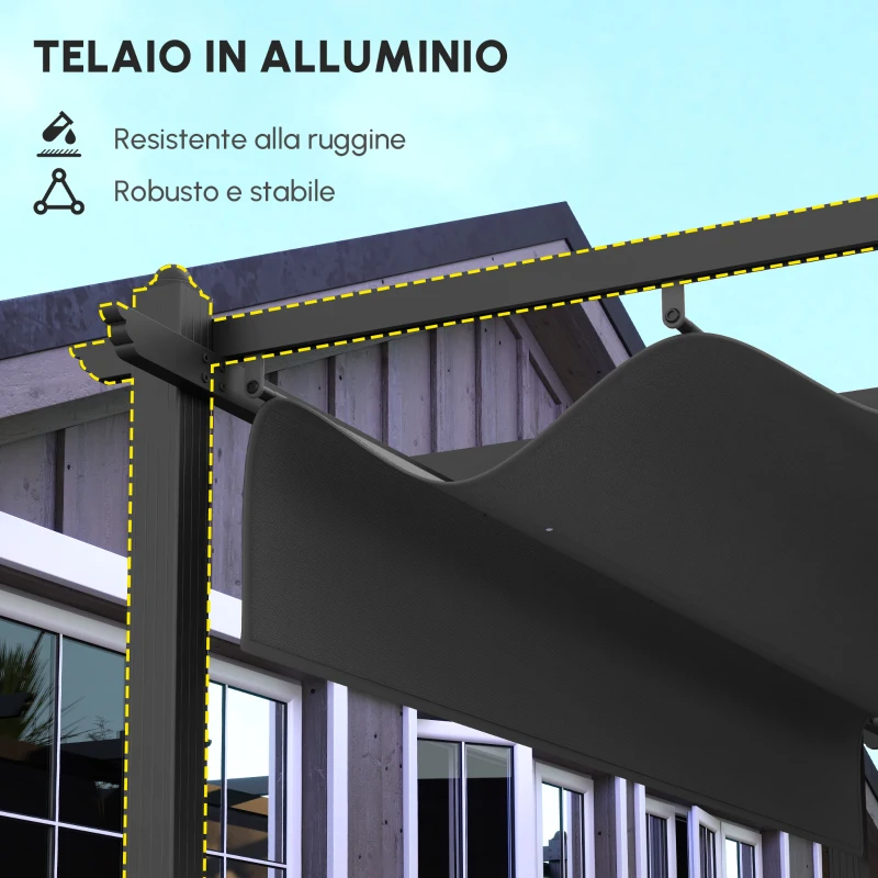Outsunny Pergola Retrattile 3,5 x 6 m per Terrazza o Giardino, Struttura in Alluminio e Poliestere, Grigio scuro