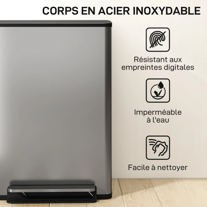 HOMCOM Poubelle cuisine 50L, poubelle à pédale, seau intérieur amovible, couvercle à fermeture douce, 41,7x36,6x62cm, argent