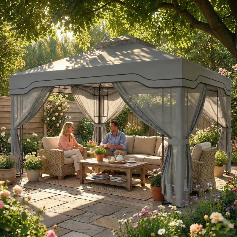 Outsunny 3 x 3.6 m Outdoor Garden Gazebo with Post Shelves, UPF50+ Patio Permanent Pavilion with Hook, Dark Grey