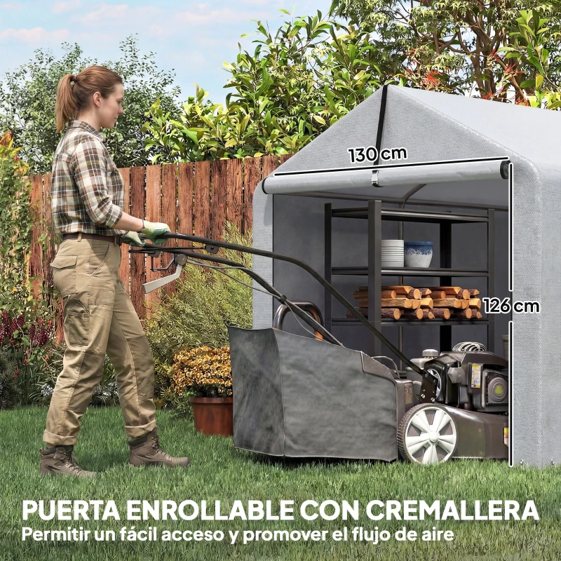 Outsunny Carpa de Jardín Exterior para Herramientas Bicicletas con Marco de Acero Galvanizado Puerta Enrollable Gris
