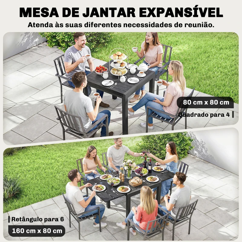 Outsunny Mesa de Jantar Exterior Extensível 80/160 cm para 4-6 Pessoas de Alumínio com Tampo de Ripas Efeito Madeira Preto