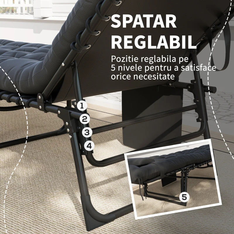 Outsunny Șezlong pliabil cu pernă, tetieră și buzunar lateral, 58x189x32,5 cm, negru