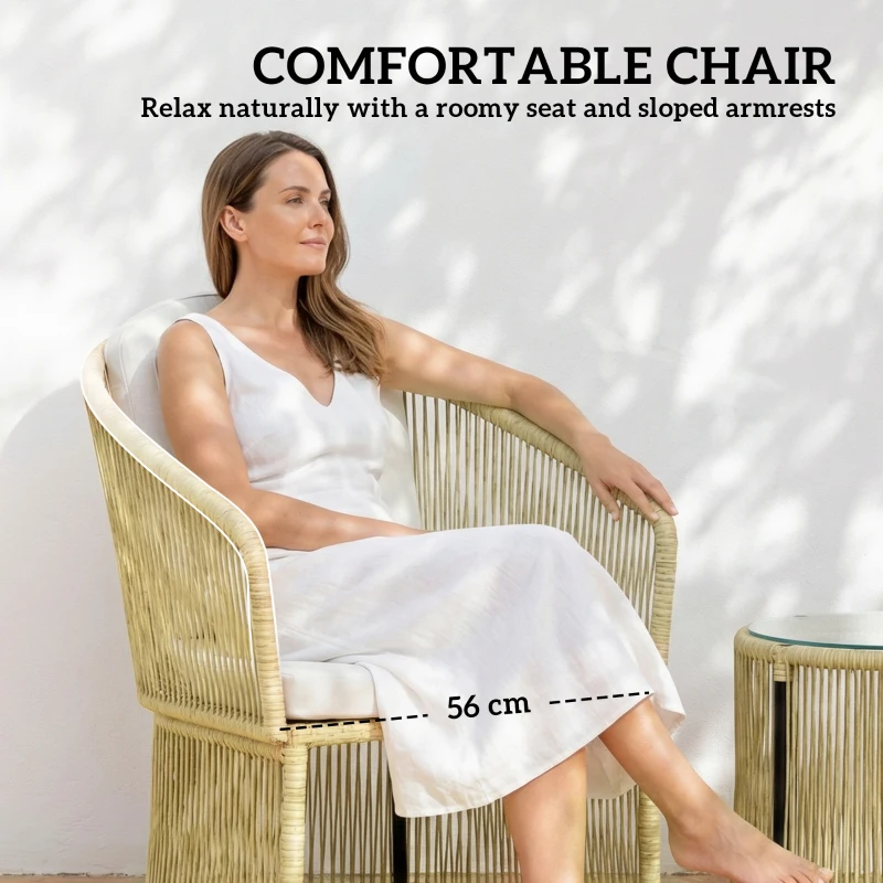 Outsunny Zestaw bistro z rattanu, 3-częściowy zestaw mebli ogrodowych z okrągłym stołem, krzesłami i poduszkami, kremowy