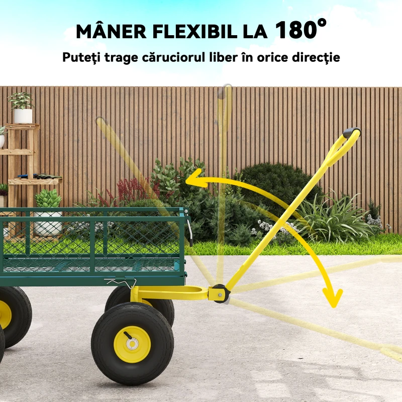Outsunny Cărucior pentru Grădină din Oțel, cu Capacitate de 200 kg și Pereți Laterali Detașabili, 104x54x51 cm, Verde și Galben