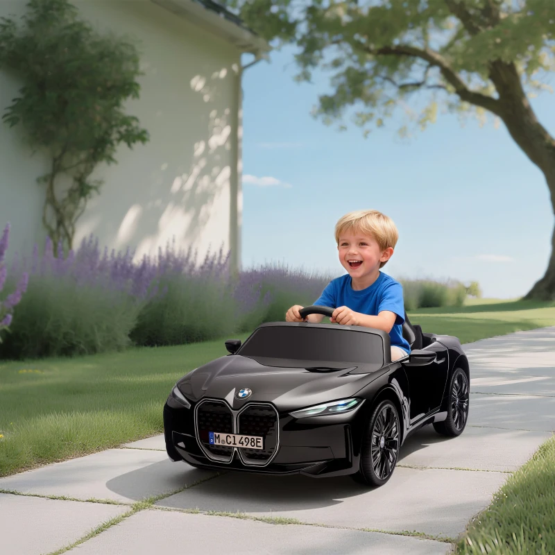 HOMCOM Voiture électrique pour enfants licence BMW I4 12V avec télécommande MP3 Musique Lumières et Ceinture 115x67x45 cm Noir