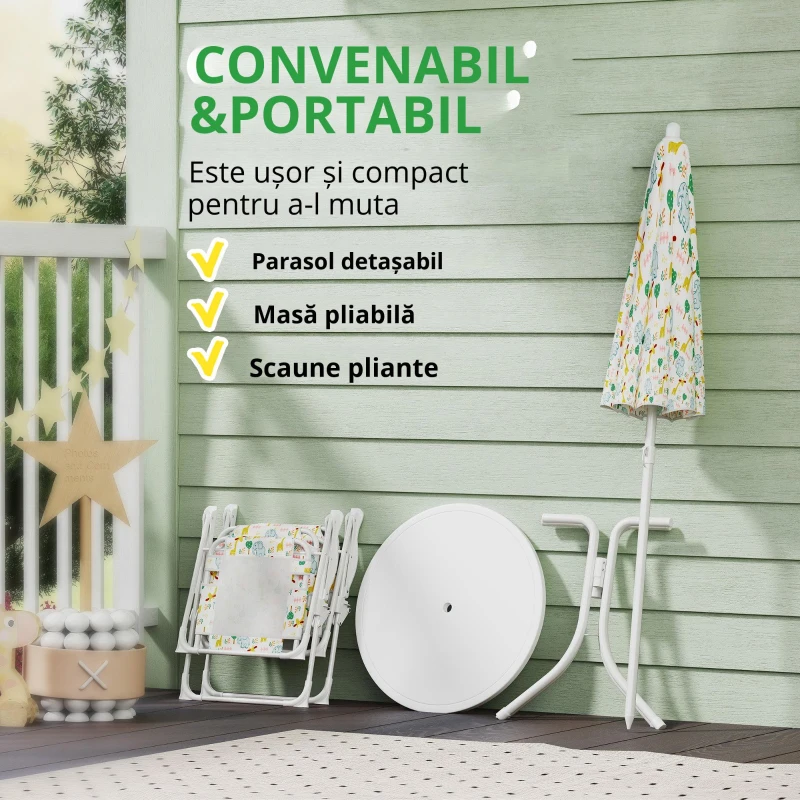 AIYAPLAY Set de Grădină 4 Piese pentru Copii cu Model Girafă și Elefant, Masă Rotundă, 2 Scaune Pliabile și o Umbrelă, Set Masă cu Scaune pentru Copii 2-5 Ani, Alb