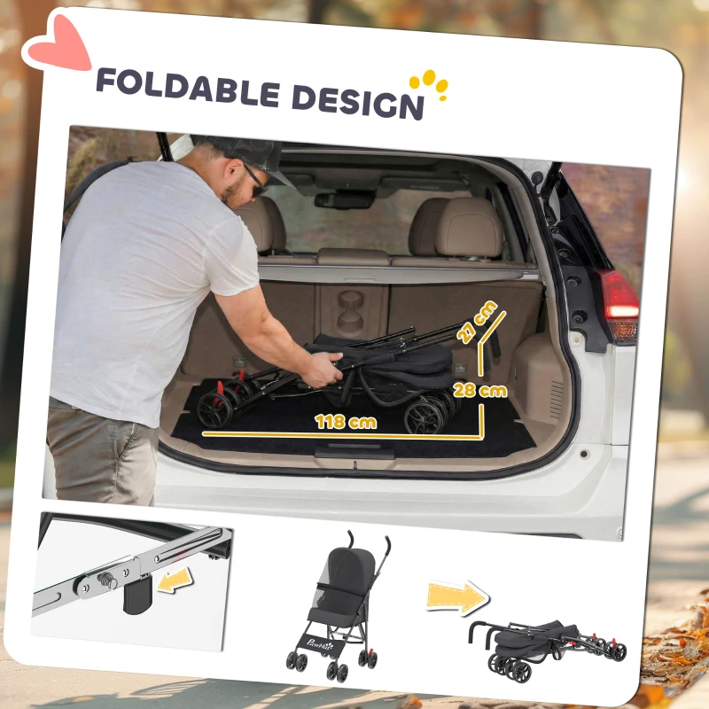 PawHut Dog Stroller, Foldable Cat Dog Pram for Miniature Breeds, Pet Stroller with Brake, Mesh Windows, Black