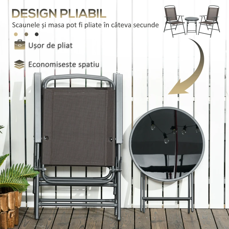Outsunny Set de Grădină 3 Piese cu 2 Scaune Pliabile și Masă Rotundă, Set Mobilier de Exterior din Metal și Sticlă, Maro