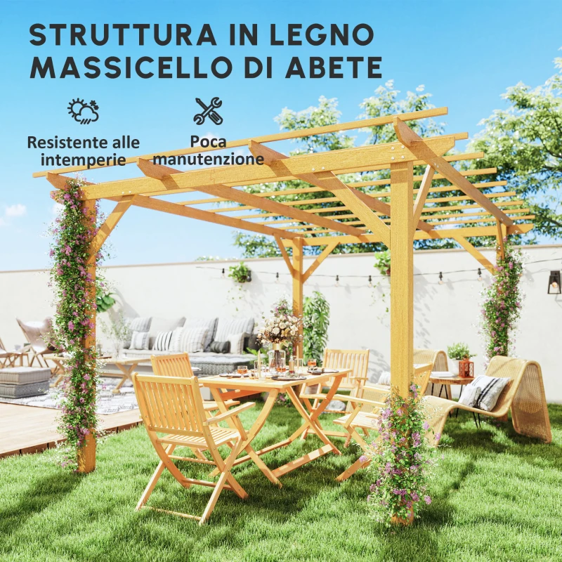 Outsunny Pergola da Giardino 3 x 4 m in Legno per Piante Rampicanti, Pergola da Esterno, Legno Naturale