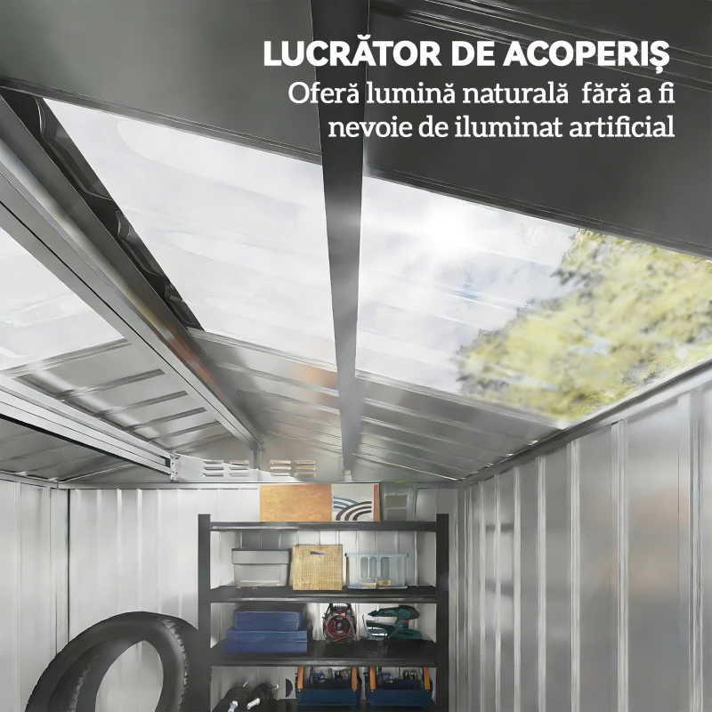 Căsuță din Metal 2,77 m² Outsunny 213 x 130 x 185 cm cu Fundație, Uși Glisante Gri Închis