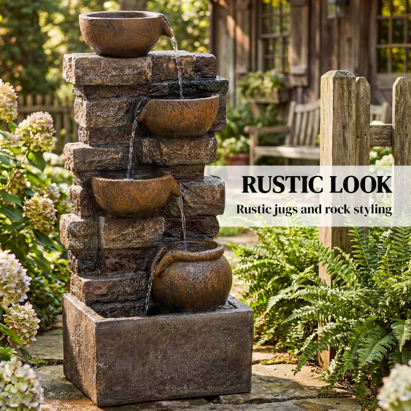 Outsunny 28" 5-Tier Outdoor Fountain, Cascading Waterfall Feature with LED Lights, Adjustable Flow, Rustic Brown