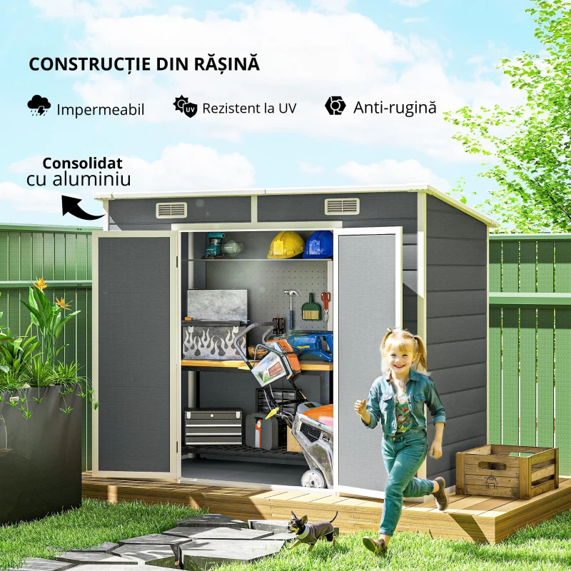 Outsunny Căsuță de Grădină din Rășină cu Podea, 2 Uși Blocabile, Fereastră, 2,4 x 1,3 m, Gri(m-7)