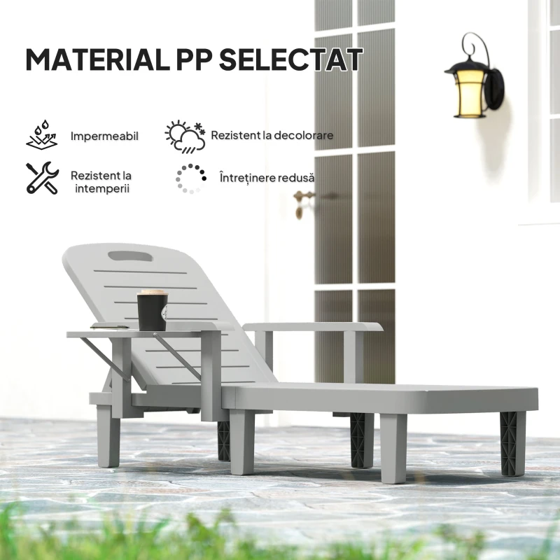Outsunny Set 2 Șezlonguri cu Spătar Reglabil în 5 Poziții, Măsuță și Brațe Ergonomice, 79x158x88 cm, Gri