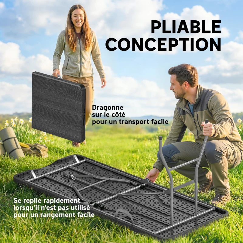 Outsunny Table pliante en HDPE table de camping pliante extérieur avec poignée couvre-pieds antidérapants 180 x 74 x 74 cm, noir