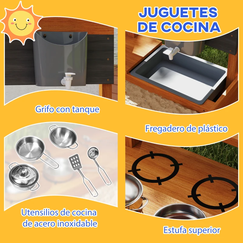 Outsunny Arenero de Madera para Niños con Techo Regulable con Juguetes de Cocina Juego para Niños 3-7 Años 114x110x110 cm Marrón