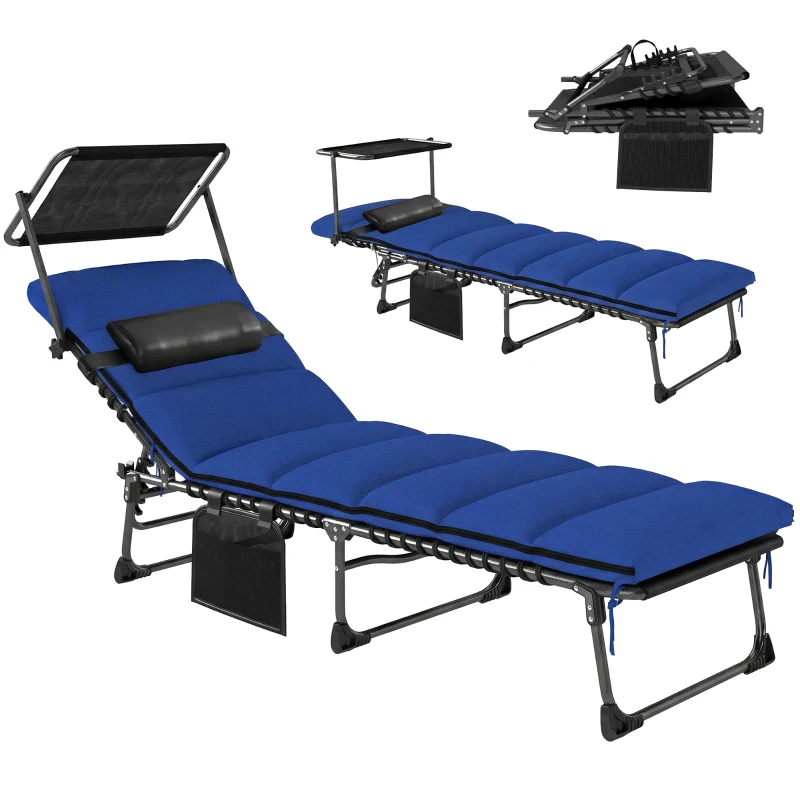 Outsunny Folding Sun Lounger with Canopy, Reclining Sunbed with Cushion, Side Pocket, Carrying Handle, Dark Blue
