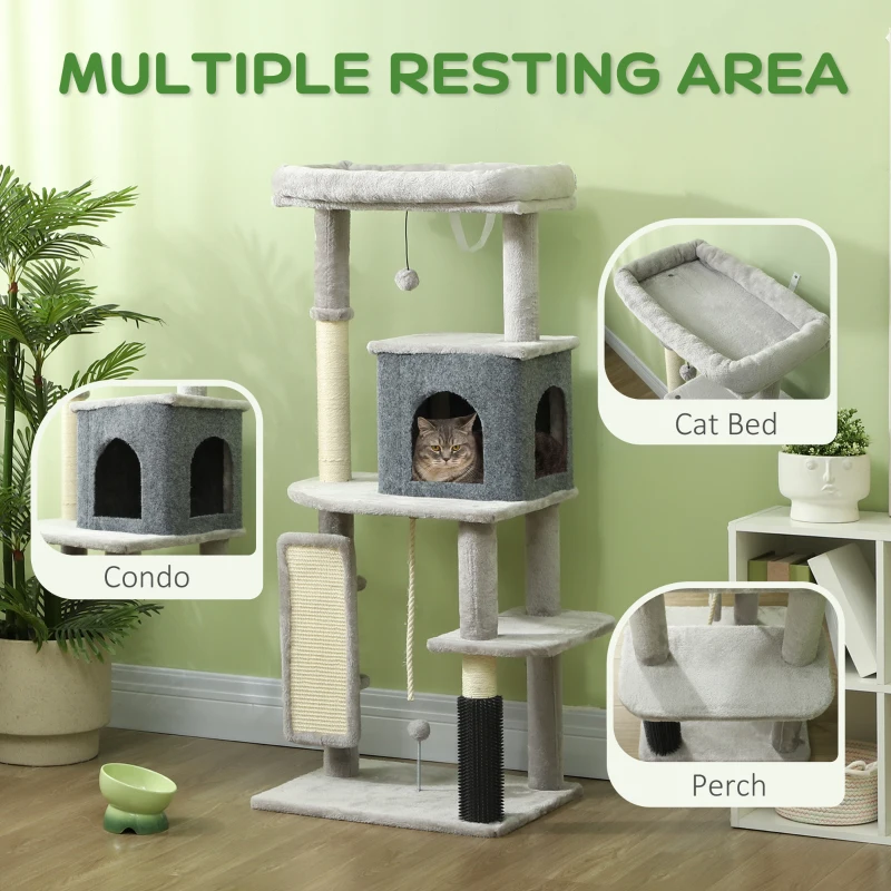 PawHut 132cm Cat Tree w/ Scratching Posts & Pad, Cat Bed, Cat House, Jumping Platform, Grooming Brush, Anti-Tip Kit, Light Grey