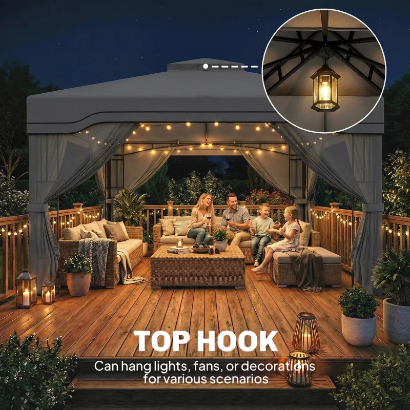 Outsunny 3 x 3.6 m Outdoor Garden Gazebo with Post Shelves, UPF50+ Patio Permanent Pavilion with Hook, Dark Grey