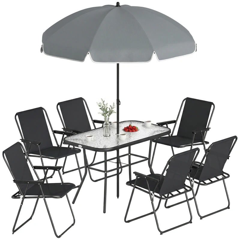 Outsunny Set de Comedor para Jardín 8 Piezas con Sombrilla, Conjunto de Muebles de Jardín con 6 Sillas Plegables, Mesa de Vidrio Templado y Parasól para Patio, Negro