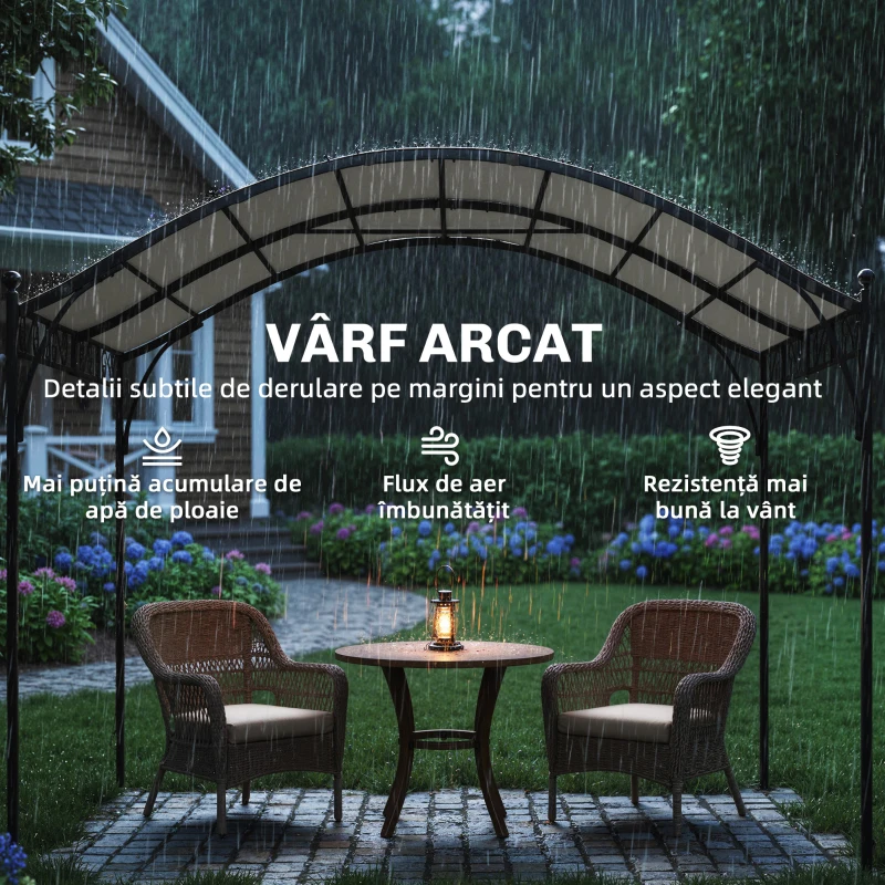 Outsunny Pergolă 3x3m cu Acoperiș Arcuit, Gazebo din Metal și Poliester 180g/m² cu Șuruburi, pentru Exterior, Terasă și Grădină, Protecție UV30+, Alb Crem
