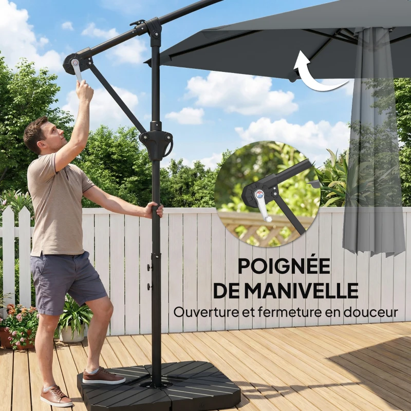 Outsunny Parasol déporté 3 m avec pied en croix et dalles lestage, parasol de jardin extérieur avec manivelle, gris foncé