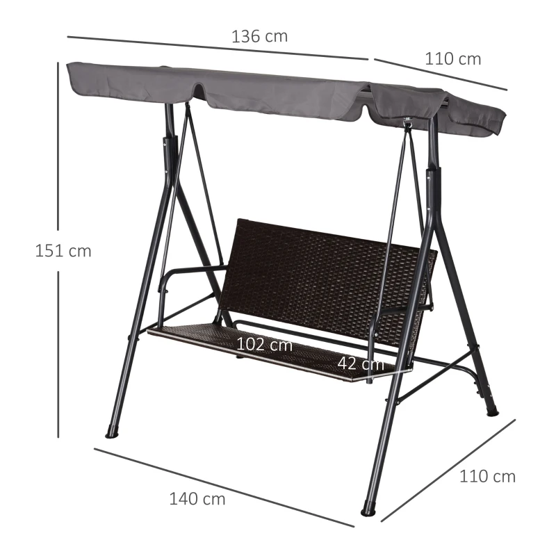 Outsunny Outdoor 2-person PE Rattan Metal Porch Swing Lounge Chair Patio Garden Poolside