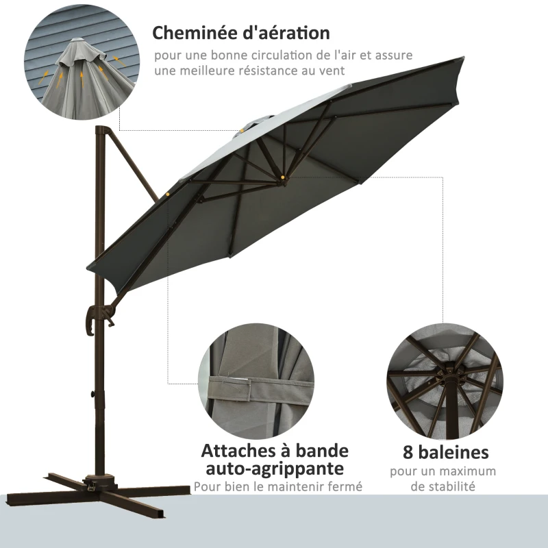 Outsunny Parasol déporté octogonal inclinable parasol rotatif 360° avec pied en croix 8 beleines manivelle inclus châssis alu. acier Ø 3 x 2,5H m gris foncé