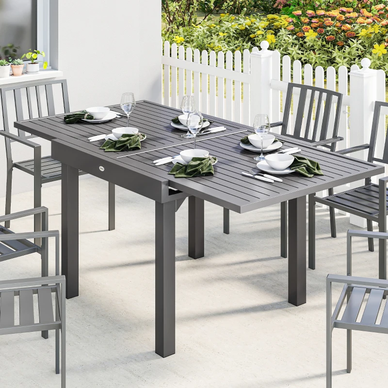 Outsunny Extending Garden Table for 4-8 People, Aluminium Outdoor Dining Table with Slatted Top, Dark Grey